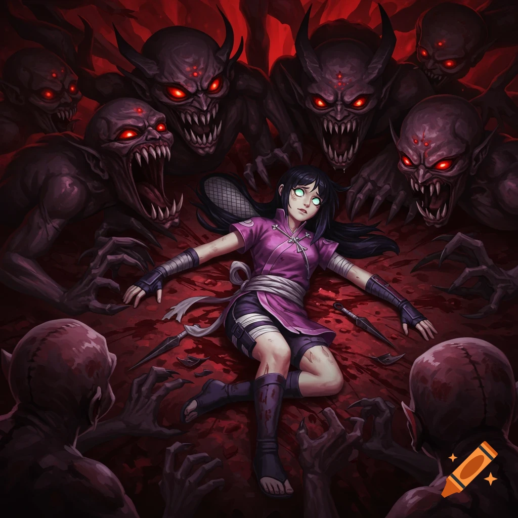 A female figure lies defeated on the ground surrounded by attacking demons.