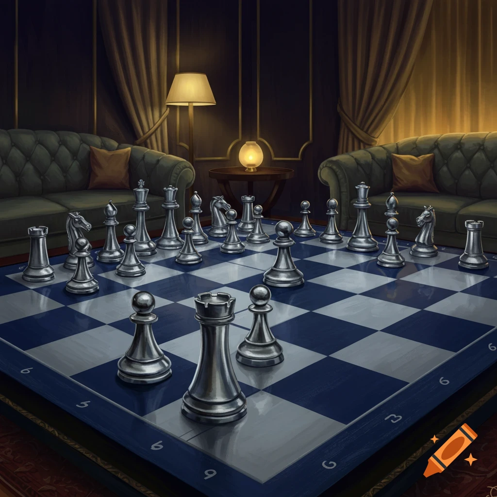 A silver and midnight blue chessboard setup in a sophisticated lounge.