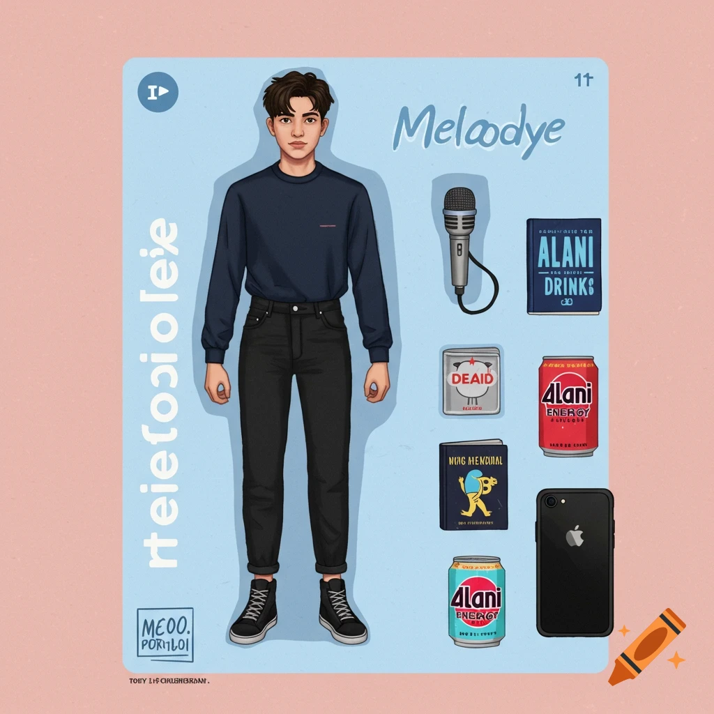 An illustration of an action figure in blister pack packaging with accessories including a microphone, book, drinks, and a phone.