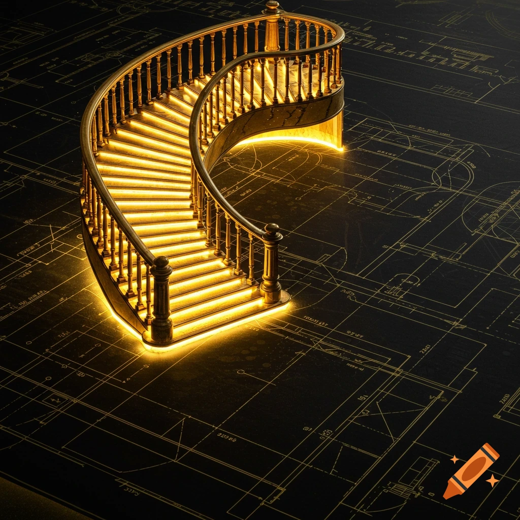 A glowing golden spiral staircase stands on a dark surface covered in yellow architectural blueprints.