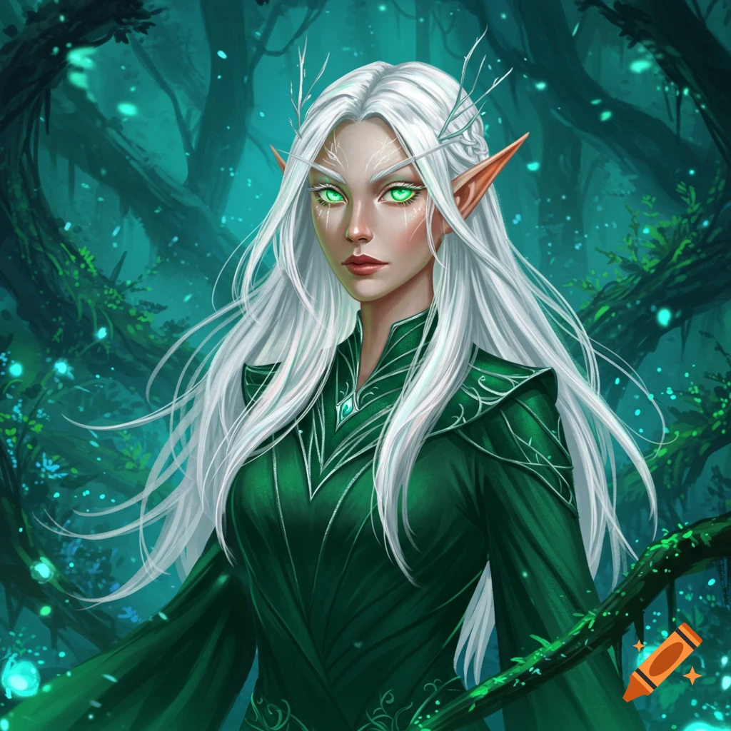 A female elf with white hair and glowing green eyes in a forest.