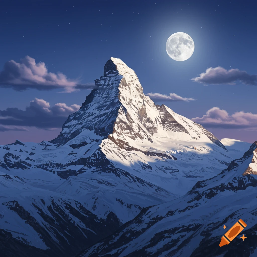 A snow-covered mountain peak under a full moon and starry night sky.