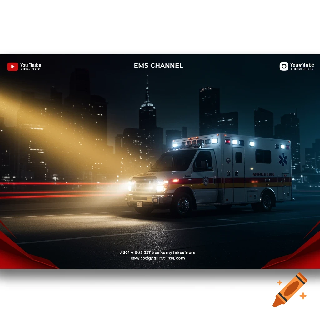 A dramatic night scene of an ambulance with flashing lights speeding through a city street.