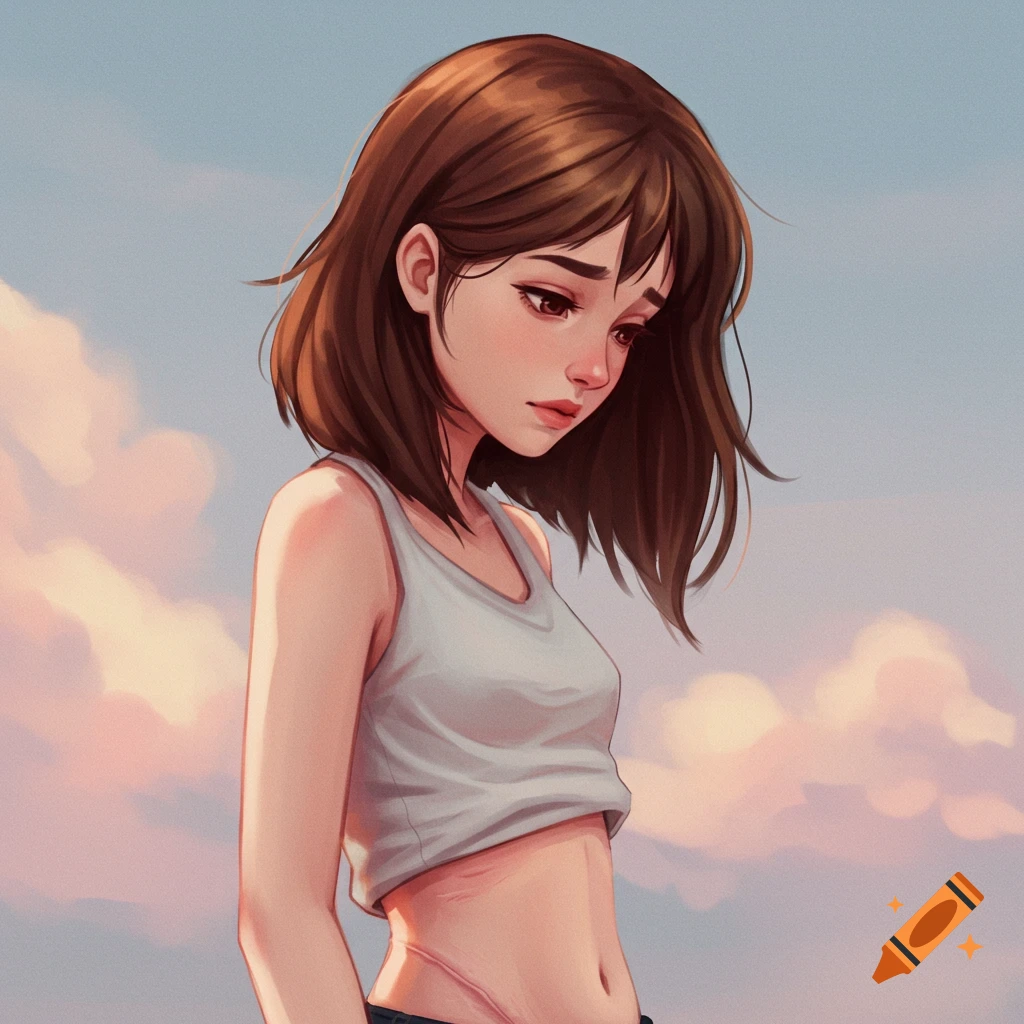 A brown-haired girl is looking down, showing a scar on her stomach against a cloudy sky.