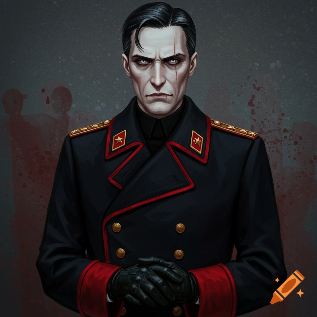 A man in a black and red military uniform with a scar on his face, wearing gloves.