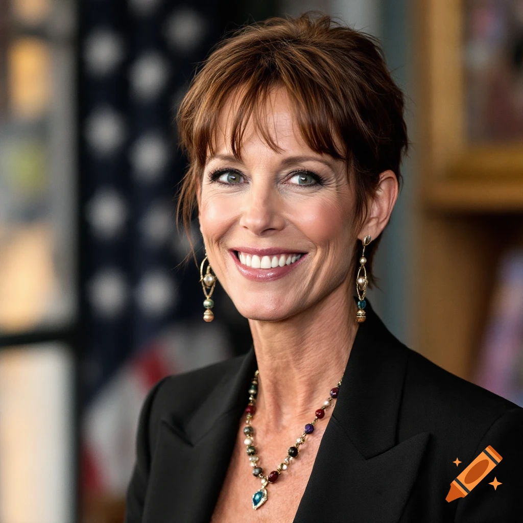 Close-up photorealistic portrait of a smiling woman in a black jacket and jewelry against a blurred background.