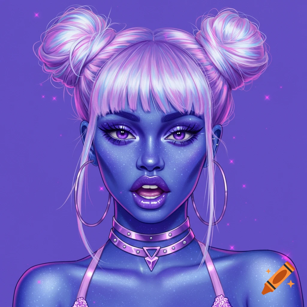 An indigo-skinned alien with purple hair in space buns and a sparkly futuristic outfit in space.