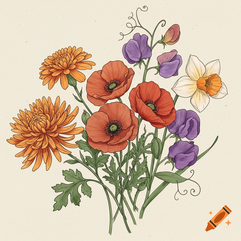 Illustrated bouquet of orange chrysanthemums, red poppies, purple sweet peas, and a white daffodil.