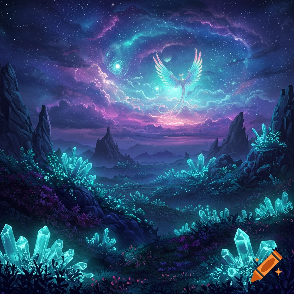 Fantasy landscape with glowing blue crystals, purple mountains, a starry sky with nebula, and a bright bird creature with large wings flying.