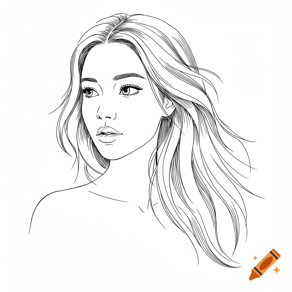 Line drawing of a woman's face and flowing hair.