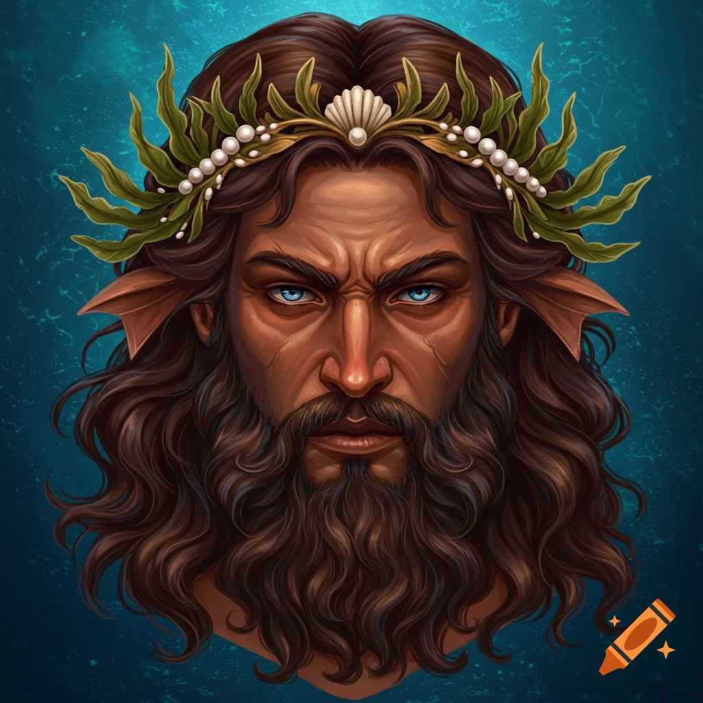 Portrait of a man with a beard, blue eyes, and fin-like ears wearing a shell and leaf crown.