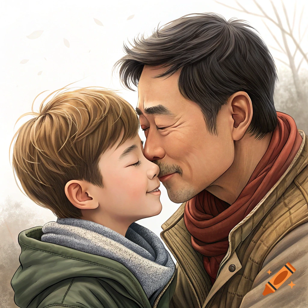 Illustration of a man and boy nuzzling foreheads with eyes closed.