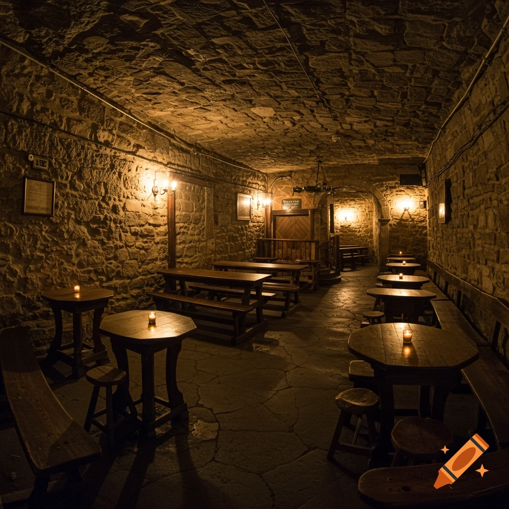 Empty pub interior in a stone cave lit by candles and lamps