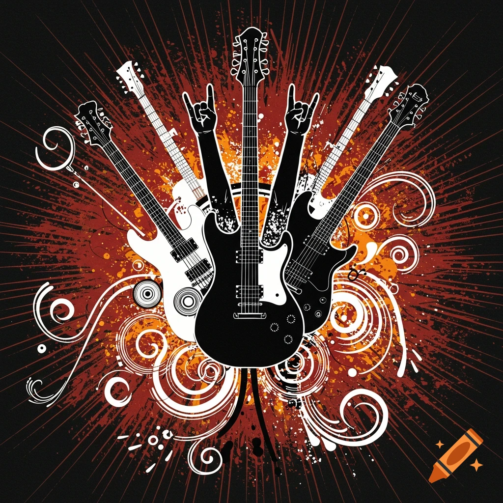 Stylized graphic design featuring guitars, rock on hand gestures, and swirling ornamental elements on a dark background.