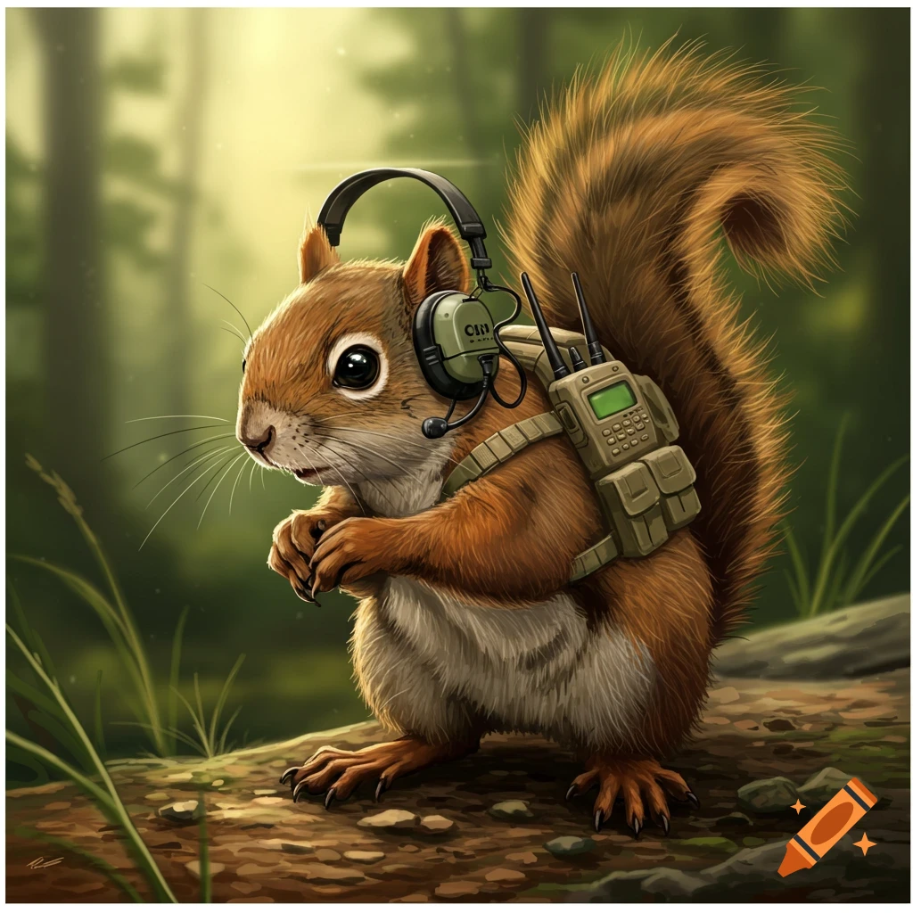 A cute squirrel wearing tactical headphones and a radio backpack in a forest.