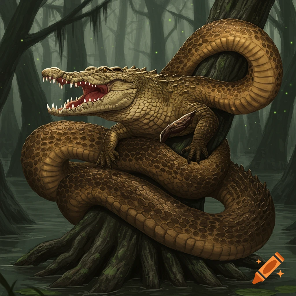 A crocodile and anaconda hybrid is wrapped around a tree in a swamp.