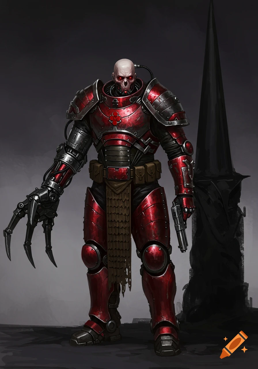 A cyborg man in red and black power armor stands by a dark spire. He has a claw on one hand and a pistol in the other.