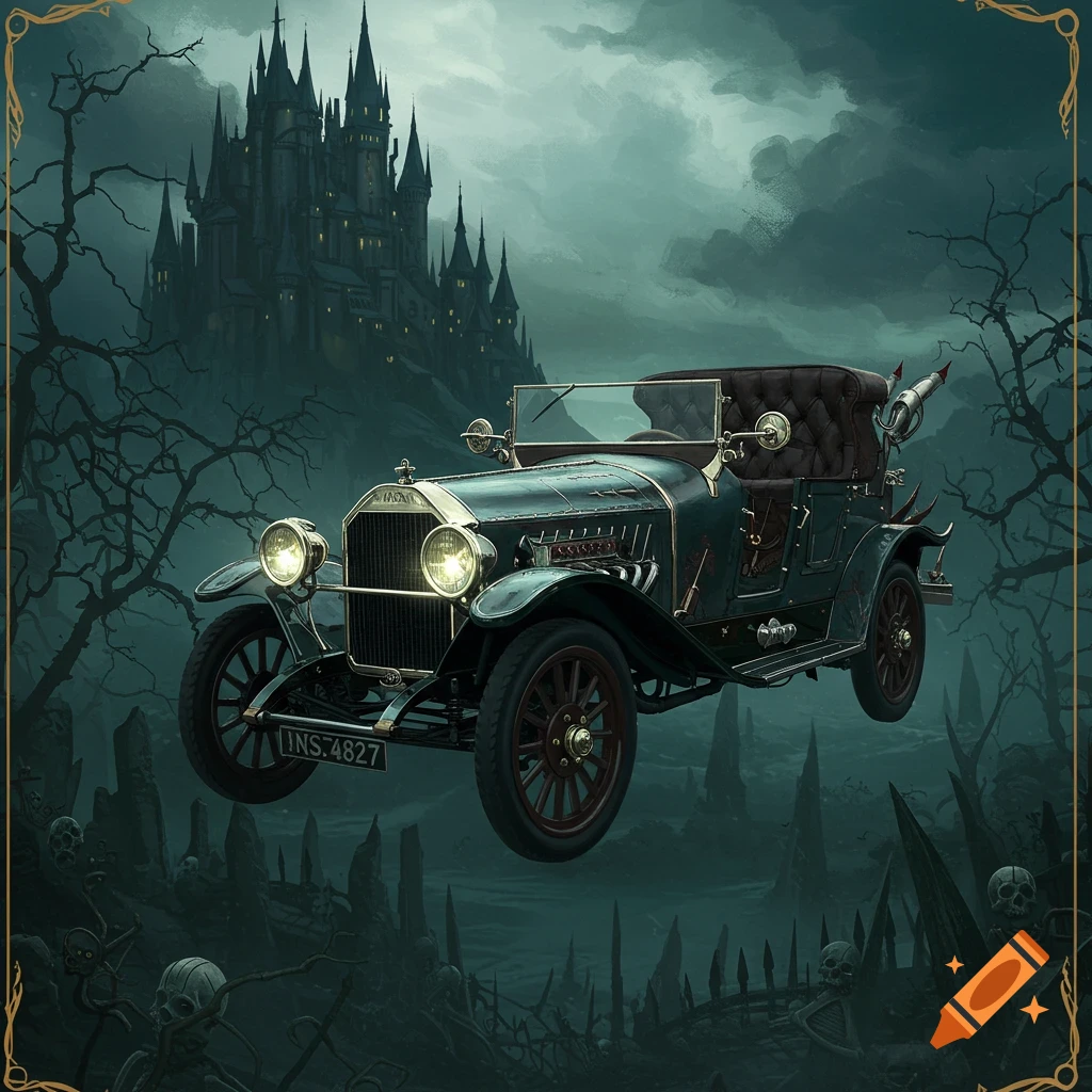 Gothic vintage car floating over a graveyard with a castle background (Digital art)