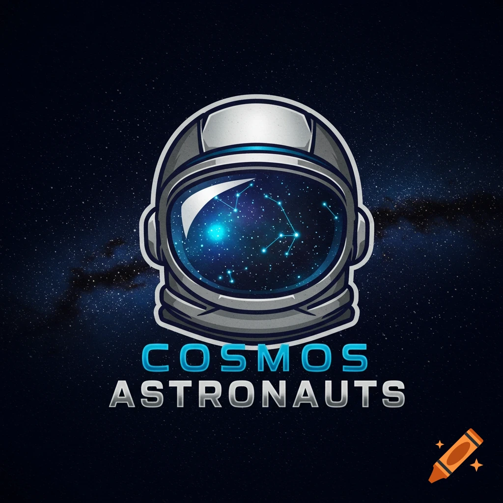 A professional logo illustration featuring an astronaut helmet reflecting a starry cosmos, with the text "COSMOS ASTRONAUTS" below.