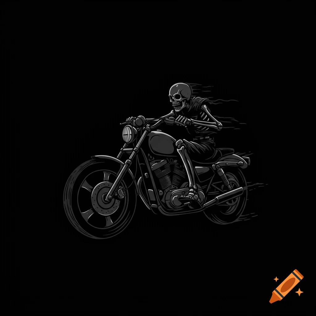Stylized grayscale illustration of a skeleton riding a motorcycle on a black background.
