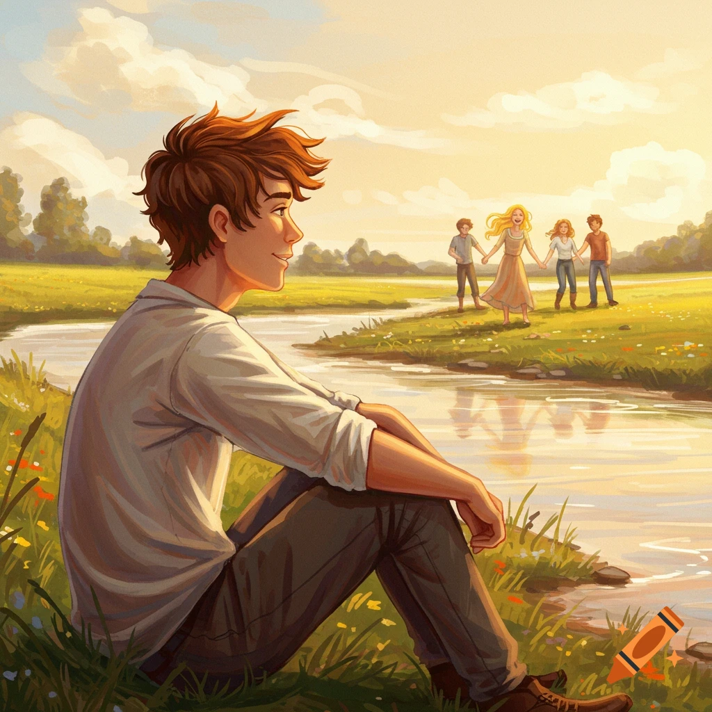 A young man sits by a river, watching a group of people holding hands in a sunny field.