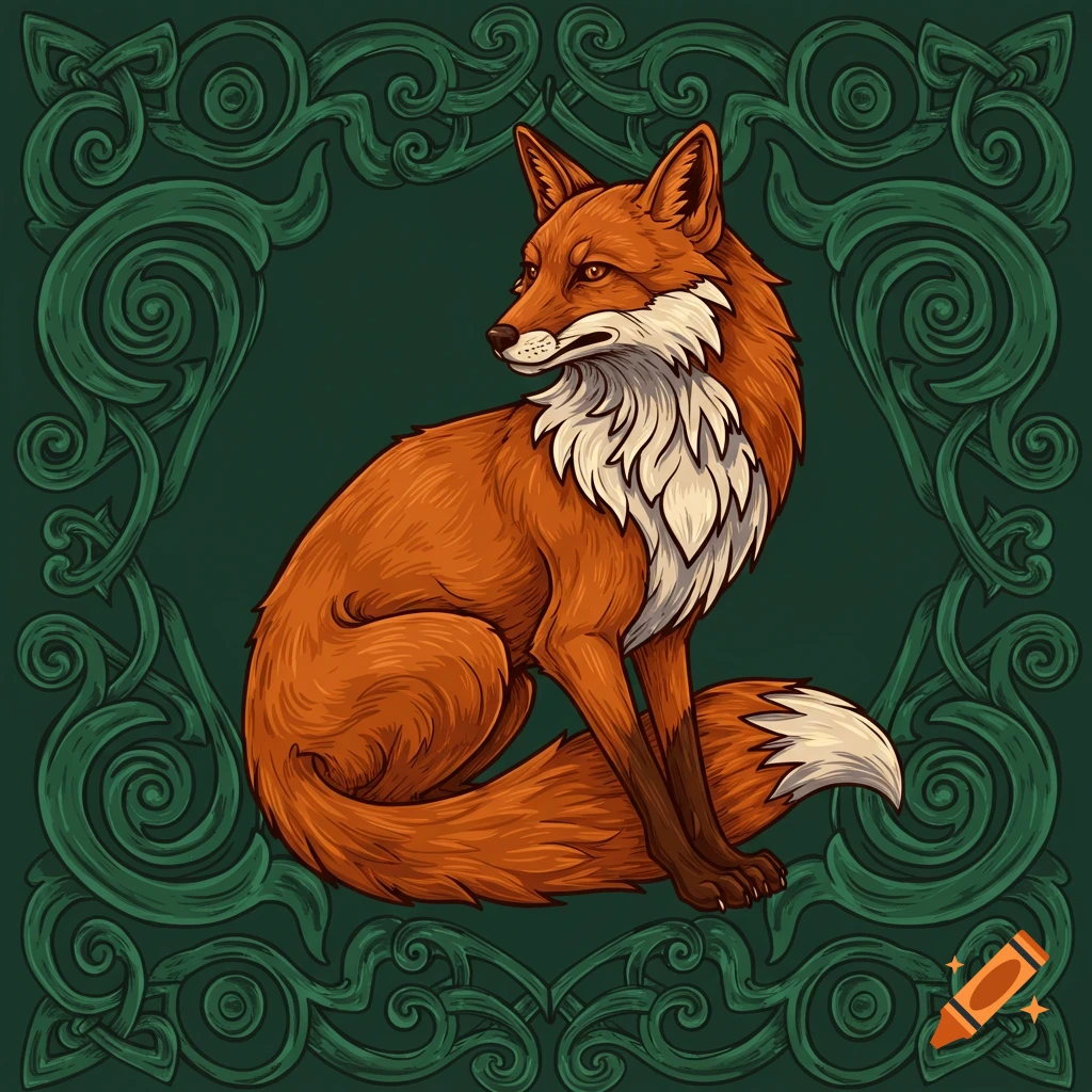 Stylized illustration of a red fox sitting within a green celtic knotwork border.