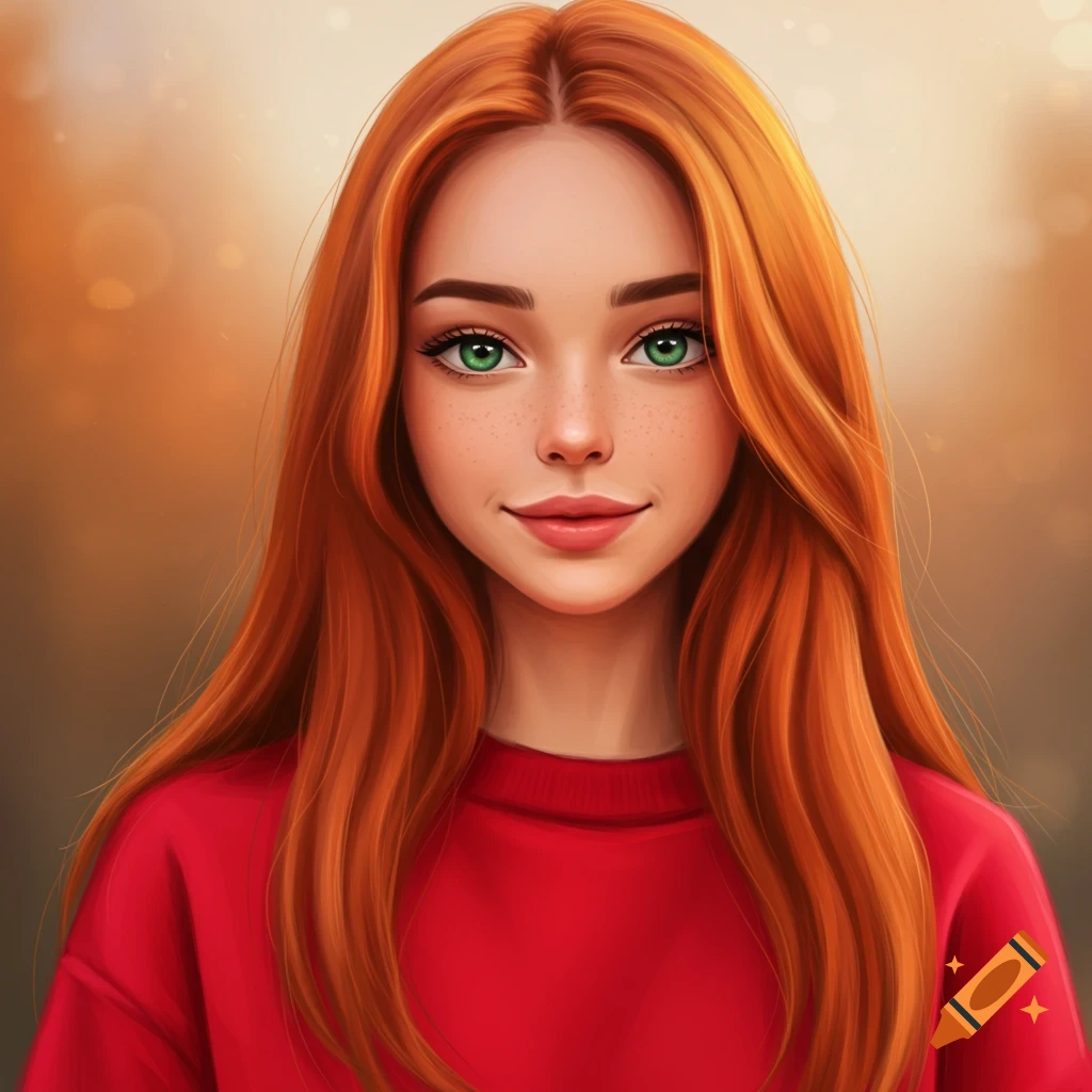 A young woman with long red hair and green eyes wearing a red sweatshirt.