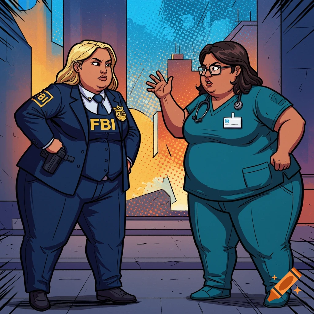 Two women, an FBI agent and a nurse, argue in a comic art style with a city background.