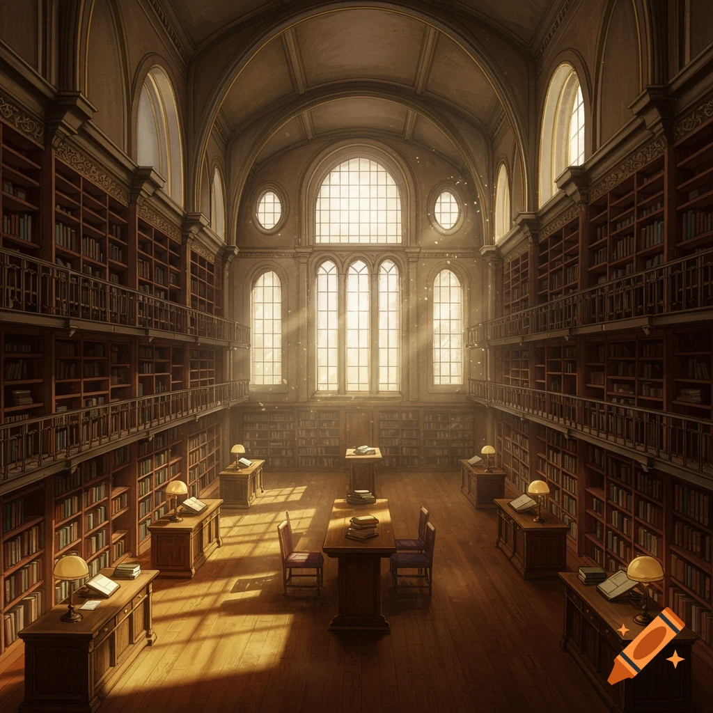 A large, grand library interior filled with bookshelves, tables, and sunlight streaming through large windows.