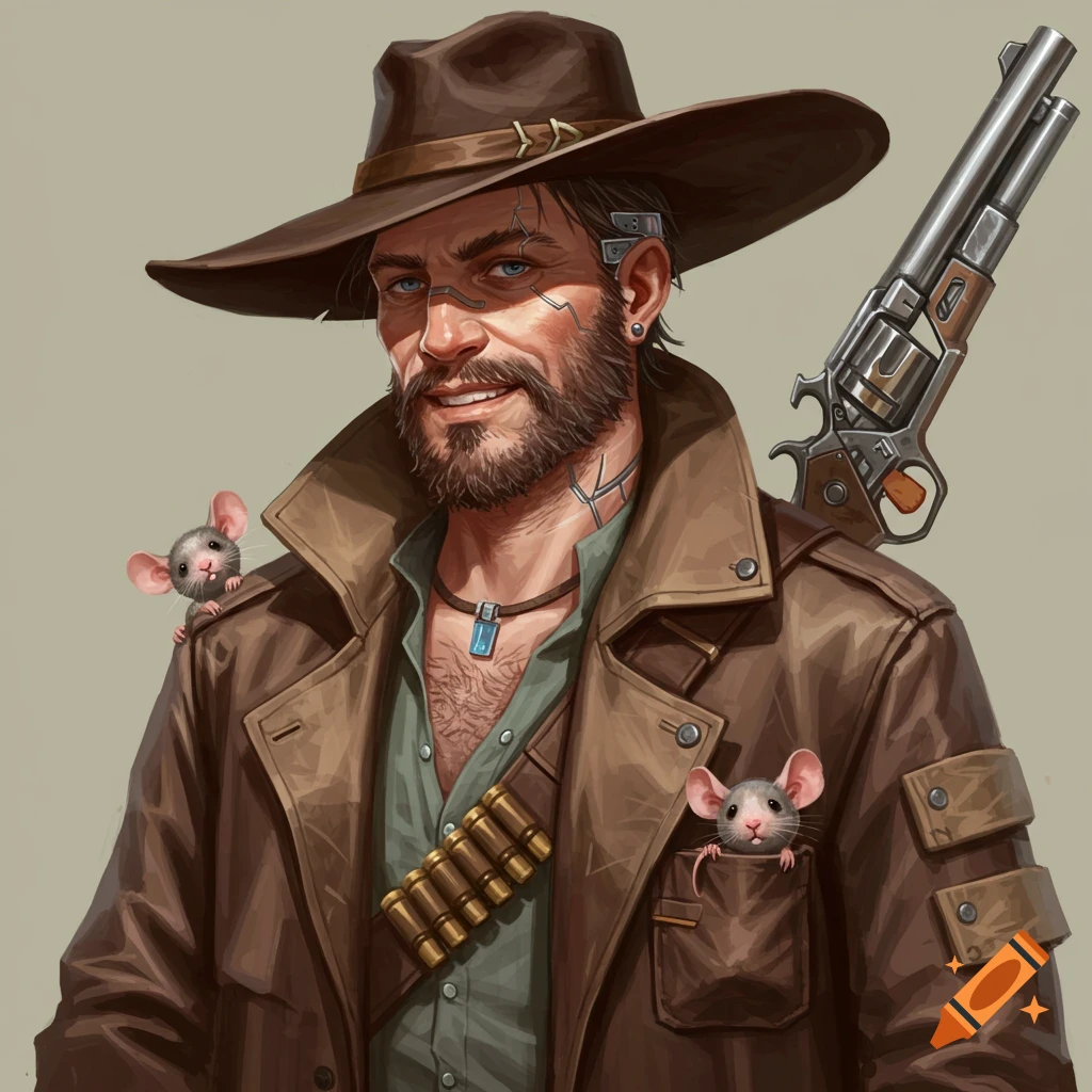 A rugged man with a hat, duster coat, rifle, bullets, cybernetic implants, and two mice.