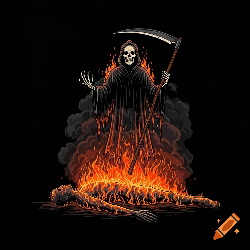 Vector graphic of the grim reaper standing over a body engulfed in flames.