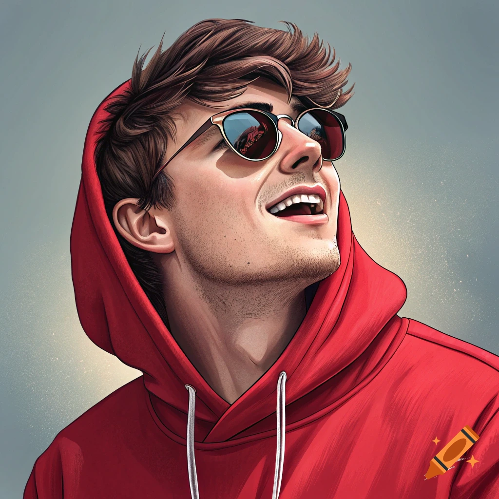 Stylized illustration of a young man in a red hoodie and sunglasses looking up and smiling.