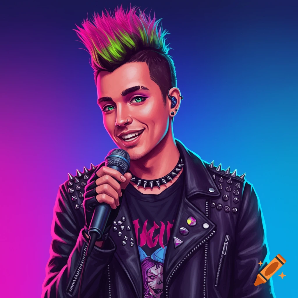 A punk person with pink and green mohawk, leather jacket, and microphone, singing.