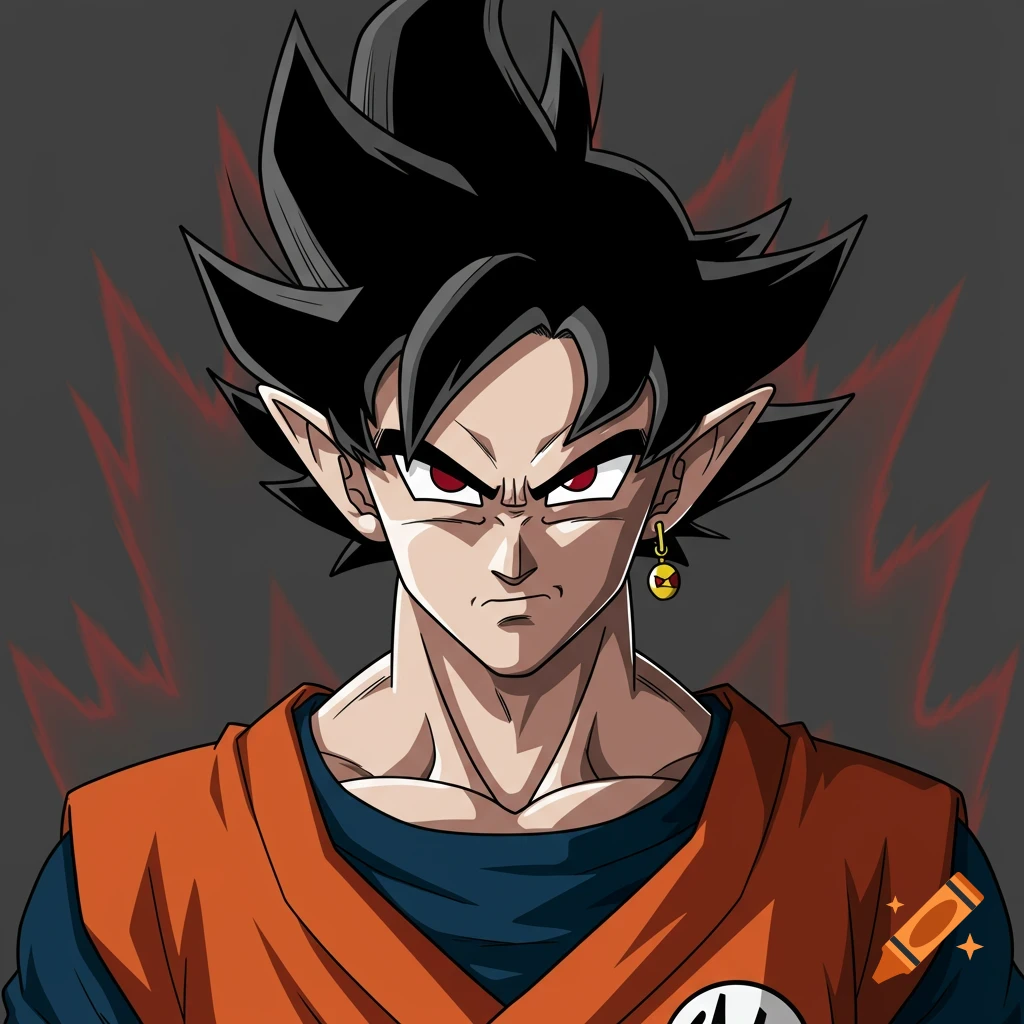 Anime illustration of a character resembling Goku Black with red eyes and an orange gi against a dark background.