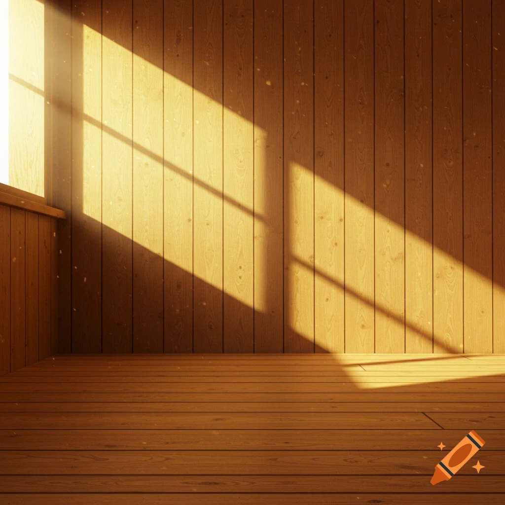 An empty room with wooden walls and floor, sunlight streaming through a window.