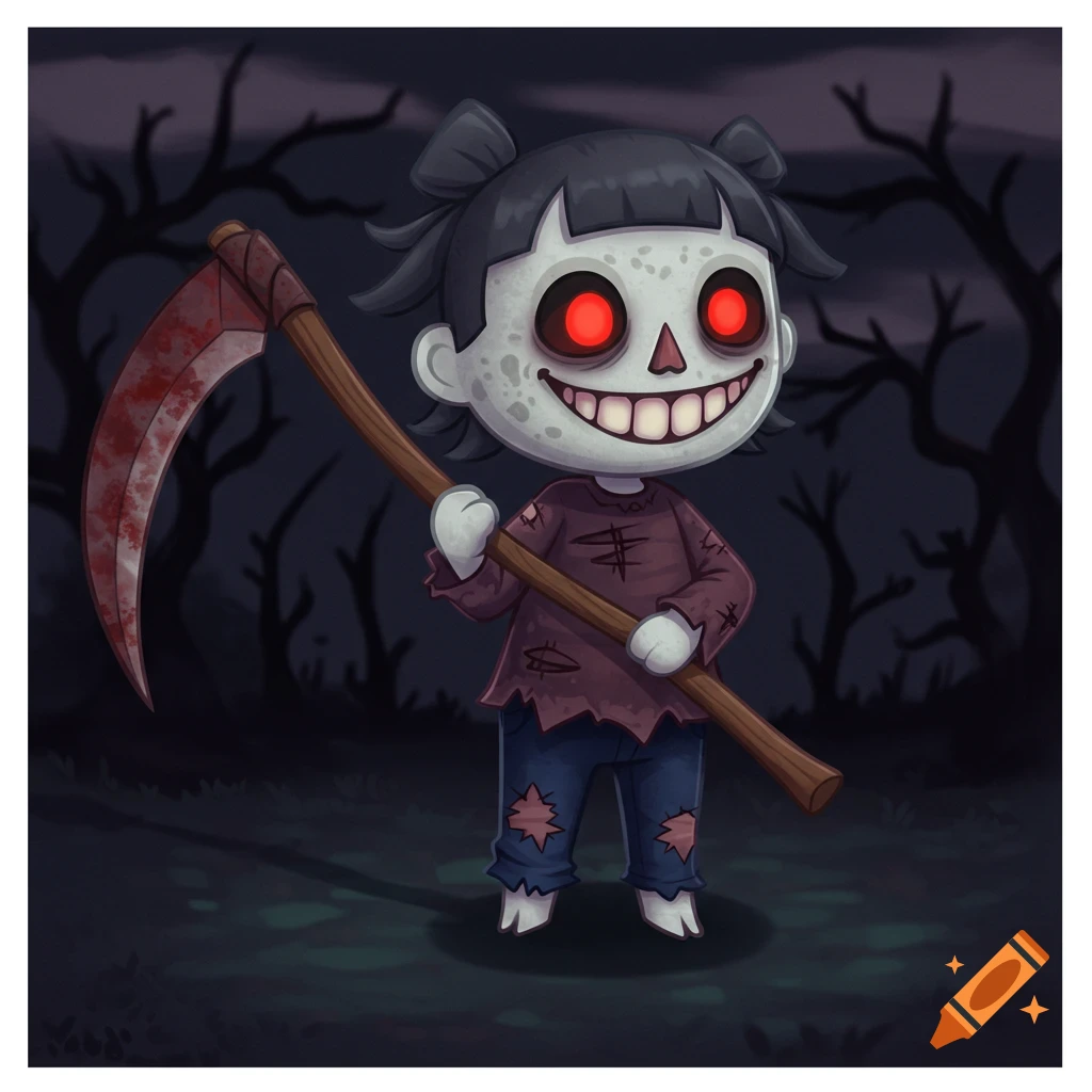 A spooky, Animal Crossing-style zombie character with red eyes and a bloody scythe stands in a dark forest.