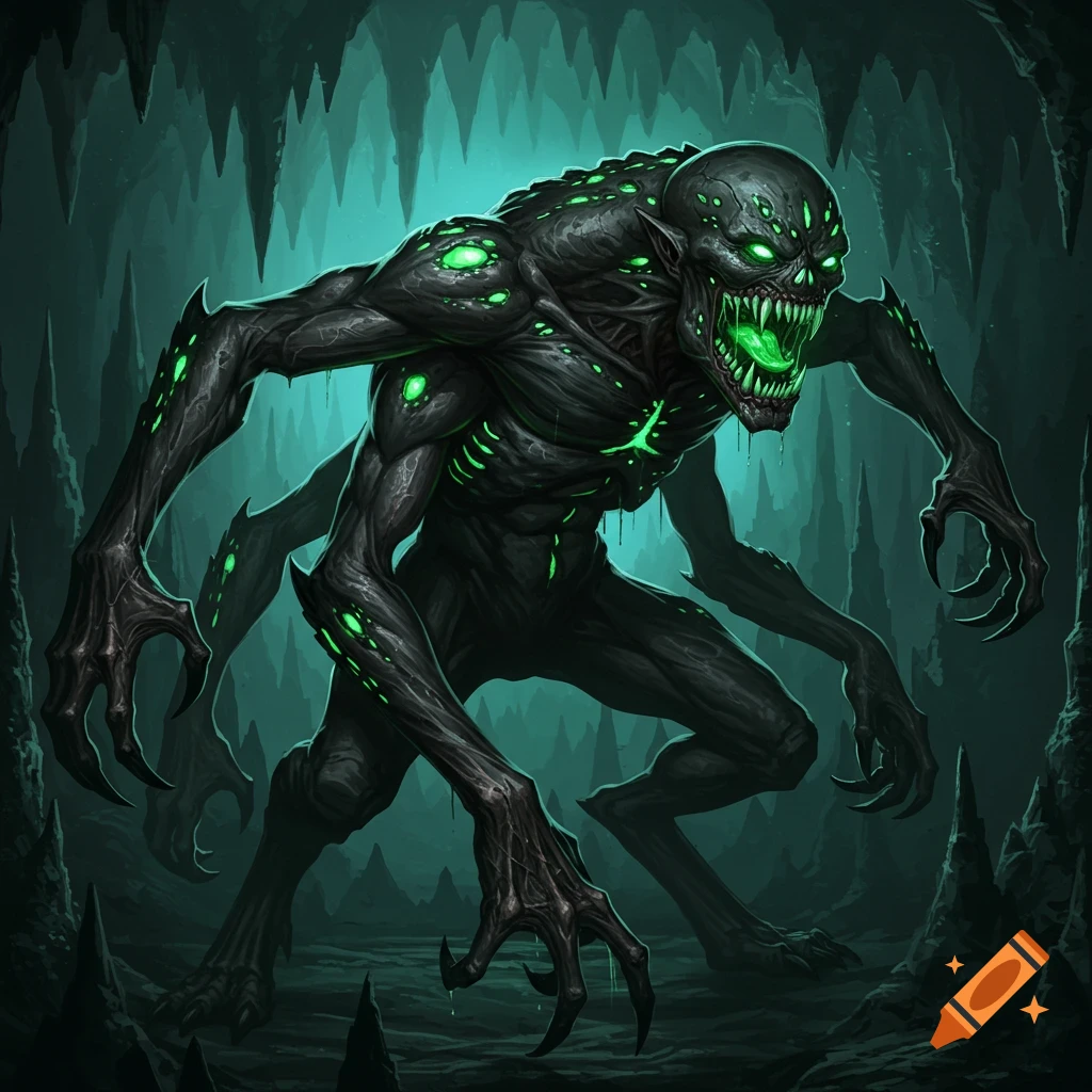 A dark, multi-limbed monster with glowing green eyes and sharp claws stands in a cave.