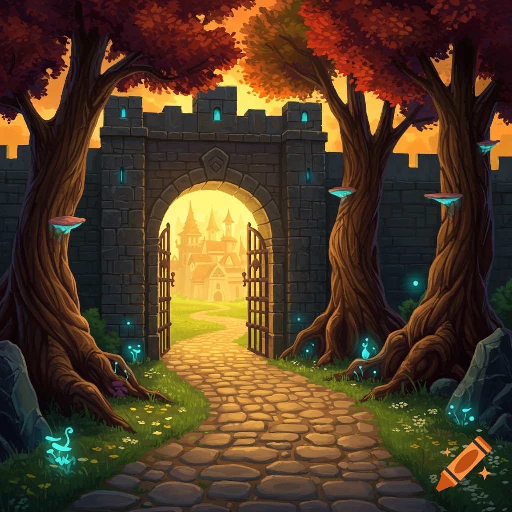A walled fantasy town entrance with large trees and a cobblestone path.