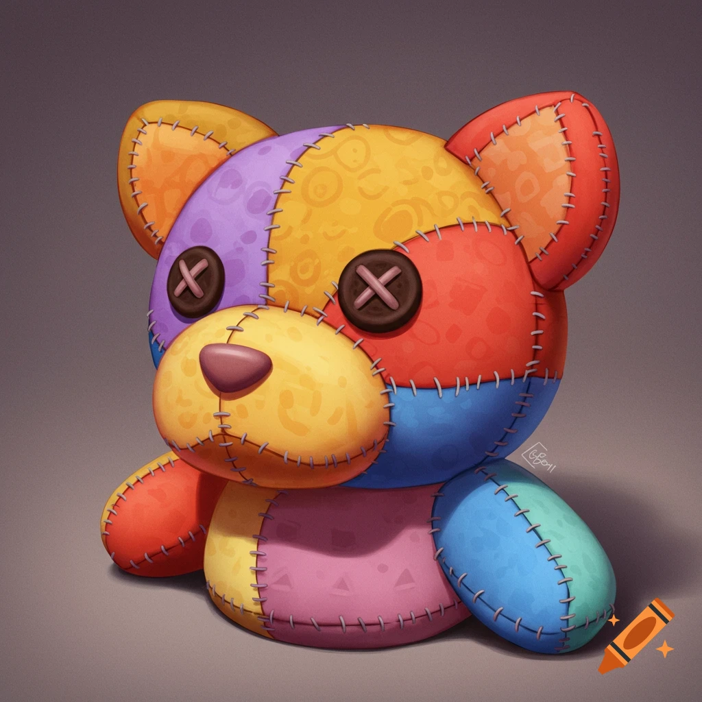 A colorful patchwork teddy bear plush toy.