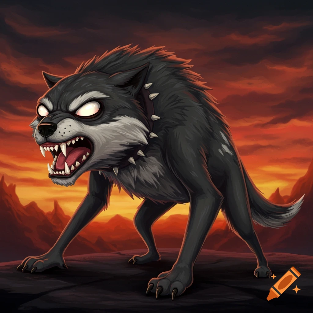 A ferocious-looking cartoon wolf with glowing eyes and bared teeth stands against a dramatic, fiery sunset.