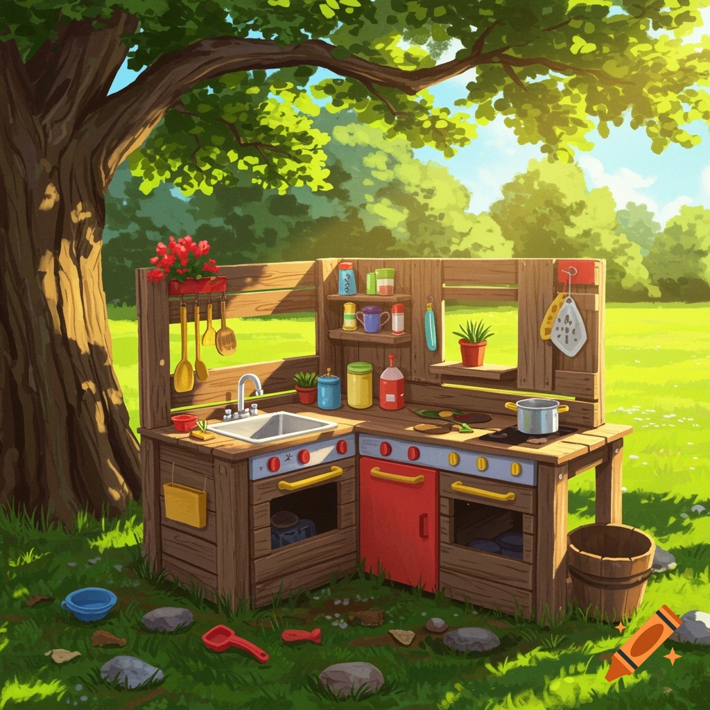 A wooden play kitchen sits in a sunny garden under a large tree.