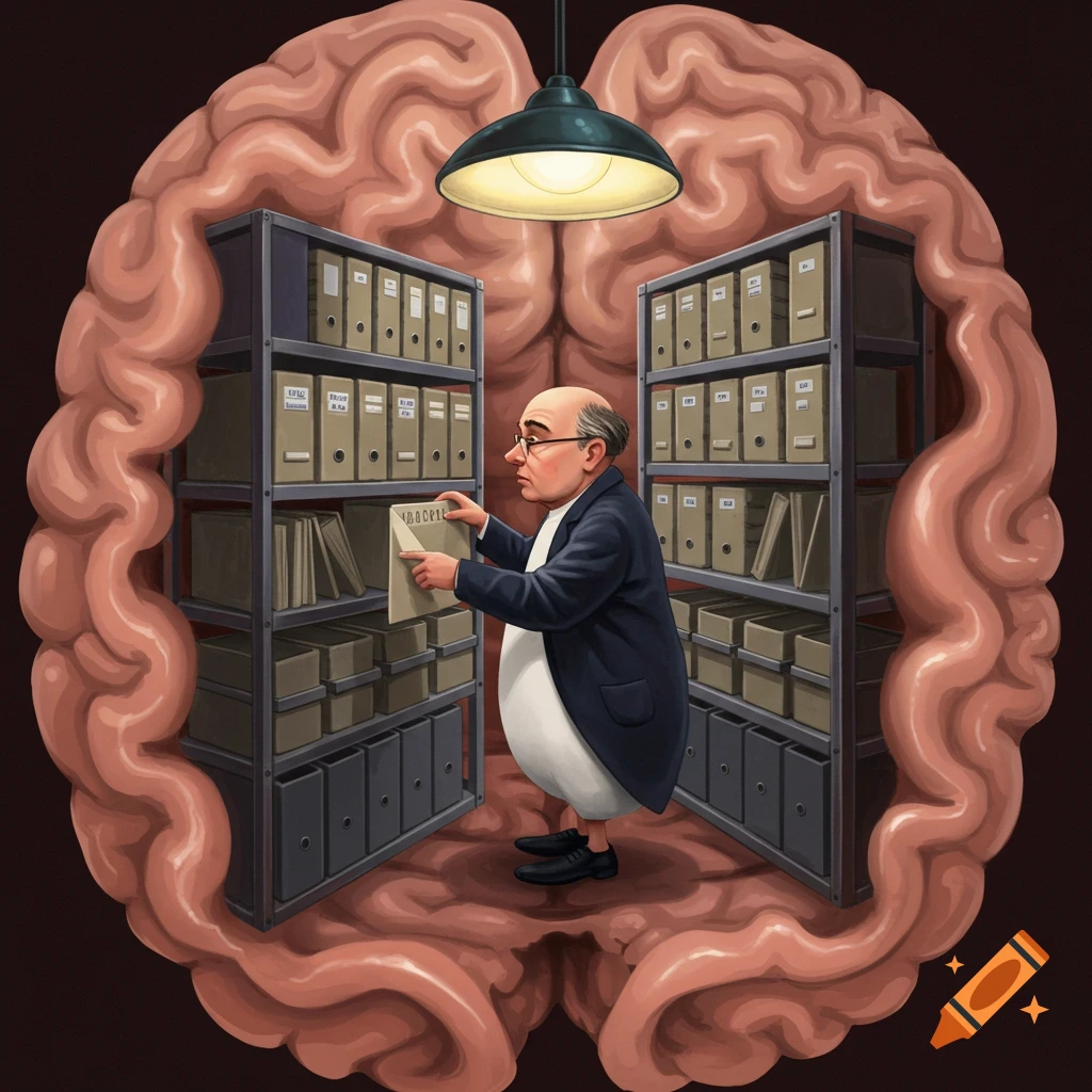Illustration of a small man inside a large brain, looking through files on metal shelves in an office area.