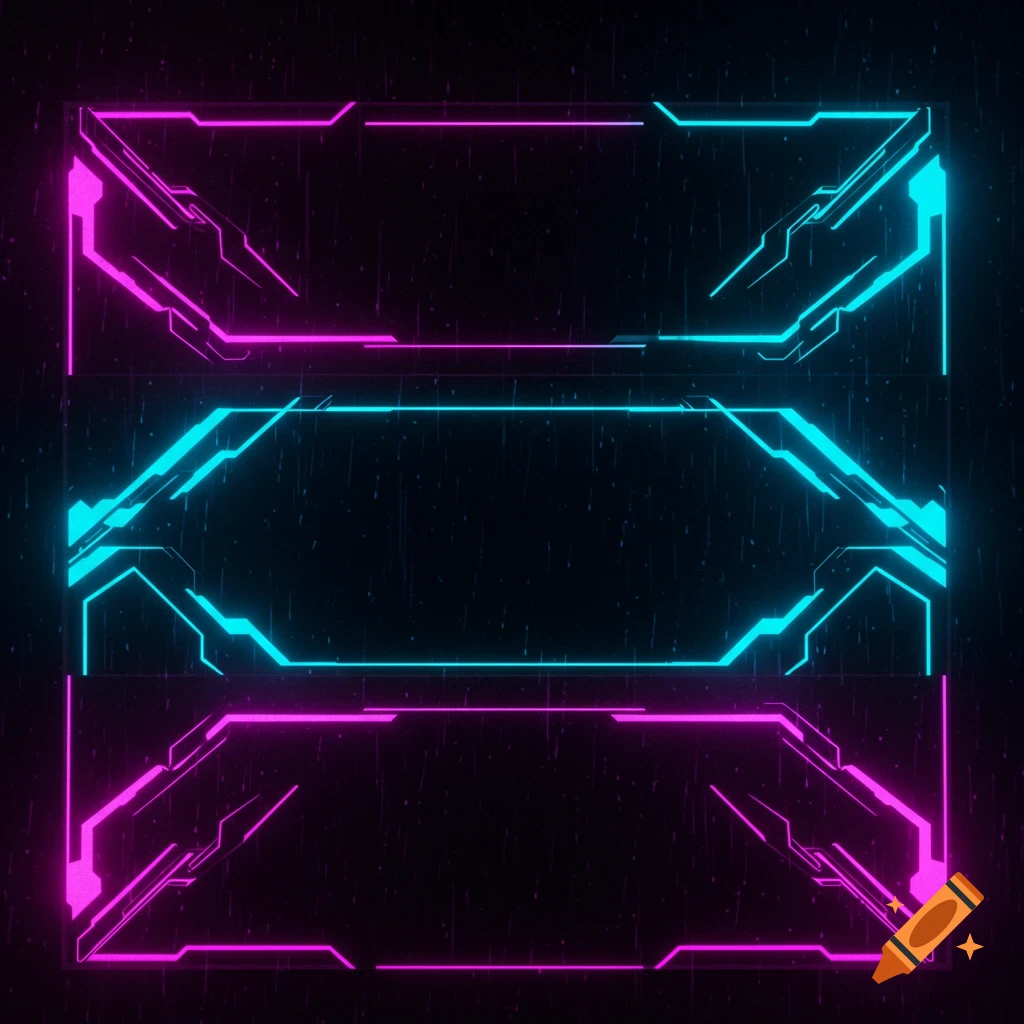 Futuristic neon purple and cyber blue border shapes with rain elements