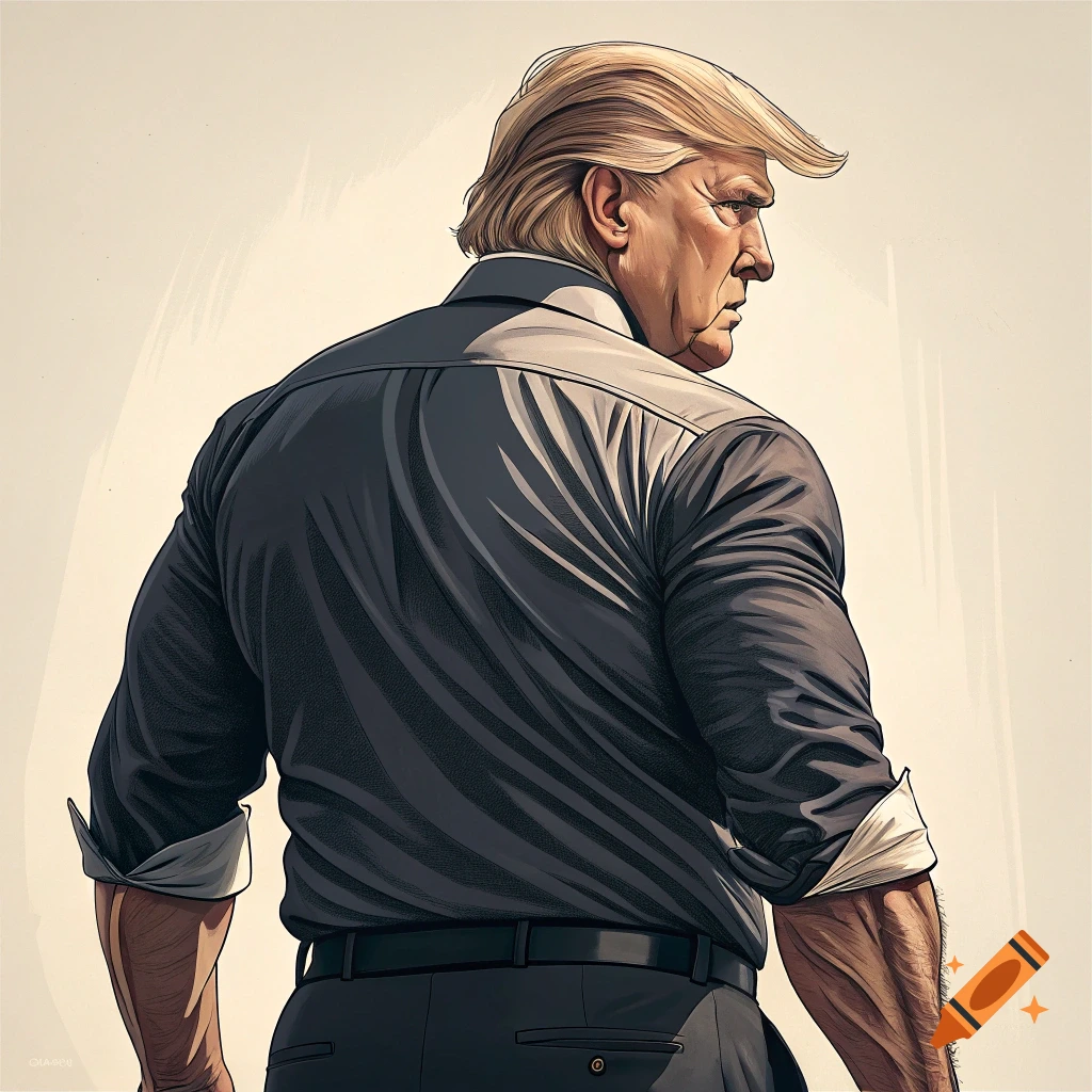Stylized illustration of a muscular man resembling Donald Trump from the back