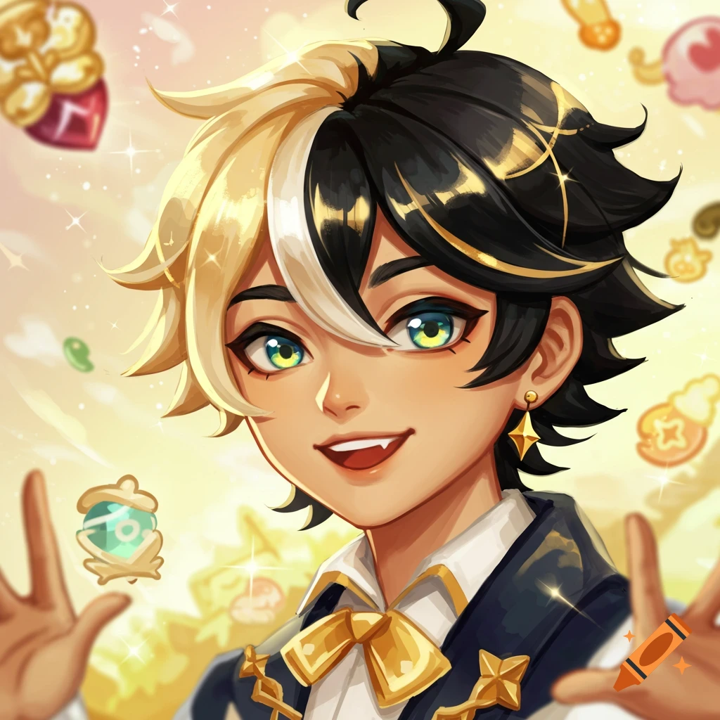 An anime character with two-toned hair reaching out, surrounded by sweets.