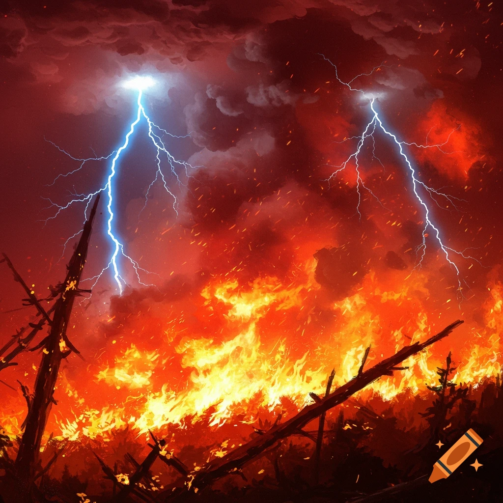 A dramatic image of two lightning bolts striking a forest engulfed in flames under a stormy red sky.