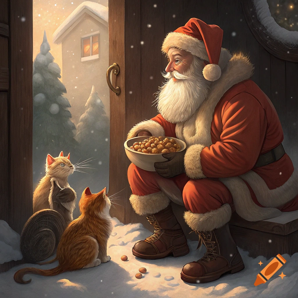Santa Claus kneels in the snow with a bowl of treats for two cats outside a house, illustration style