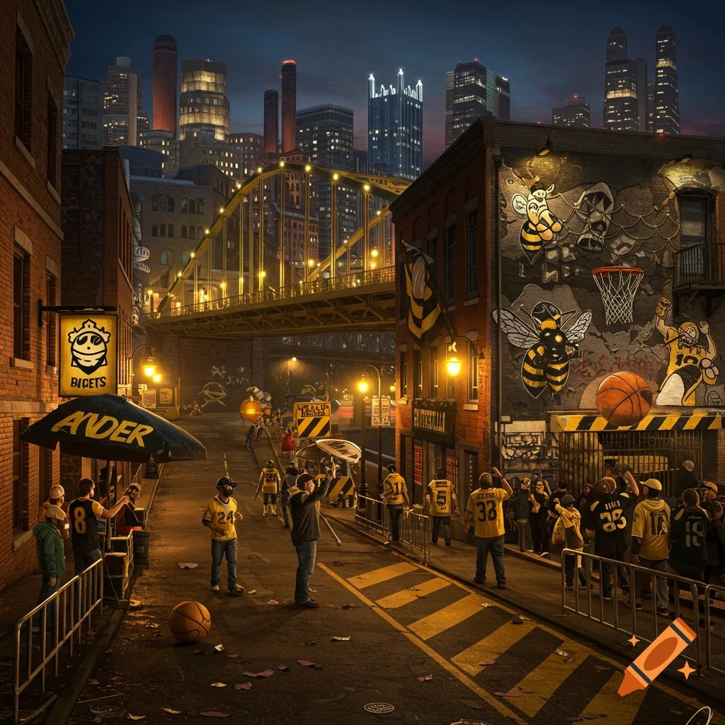Street scene at night in a gritty city with sports fans, a bee and basketball mural, and a bridge in the background.