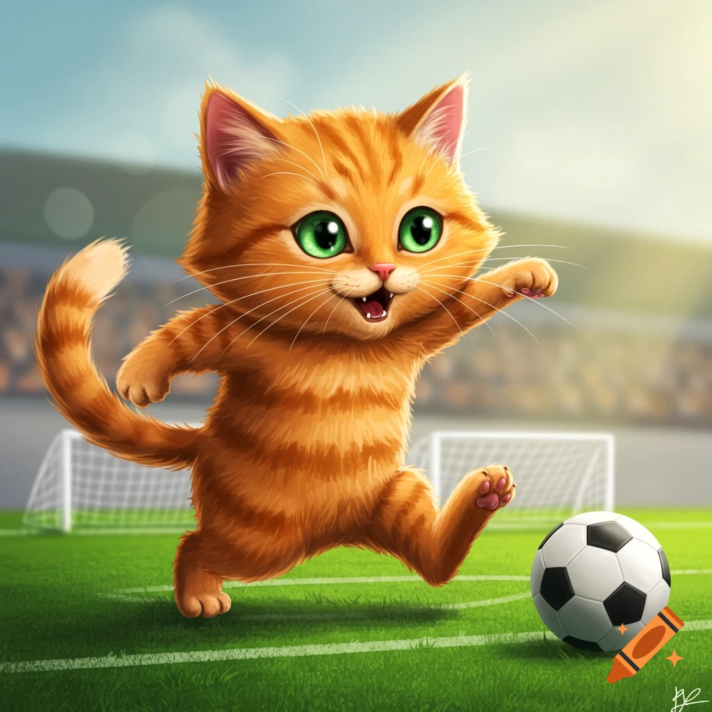 A cute cartoon orange cat plays soccer on a green field.