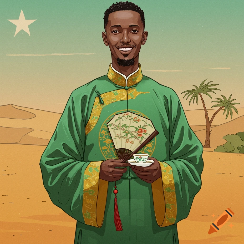 A man in green Chinese clothing holds a fan and a teacup in a desert landscape.